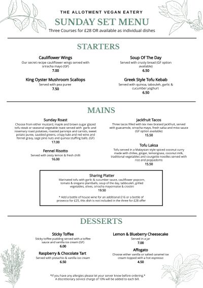 Our Menus - Allotment Vegan