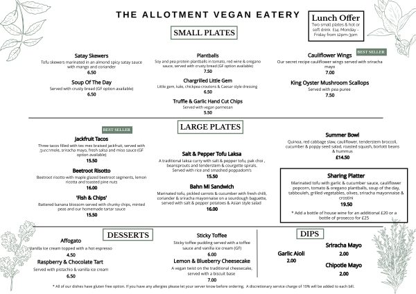 Our Menus - Allotment Vegan